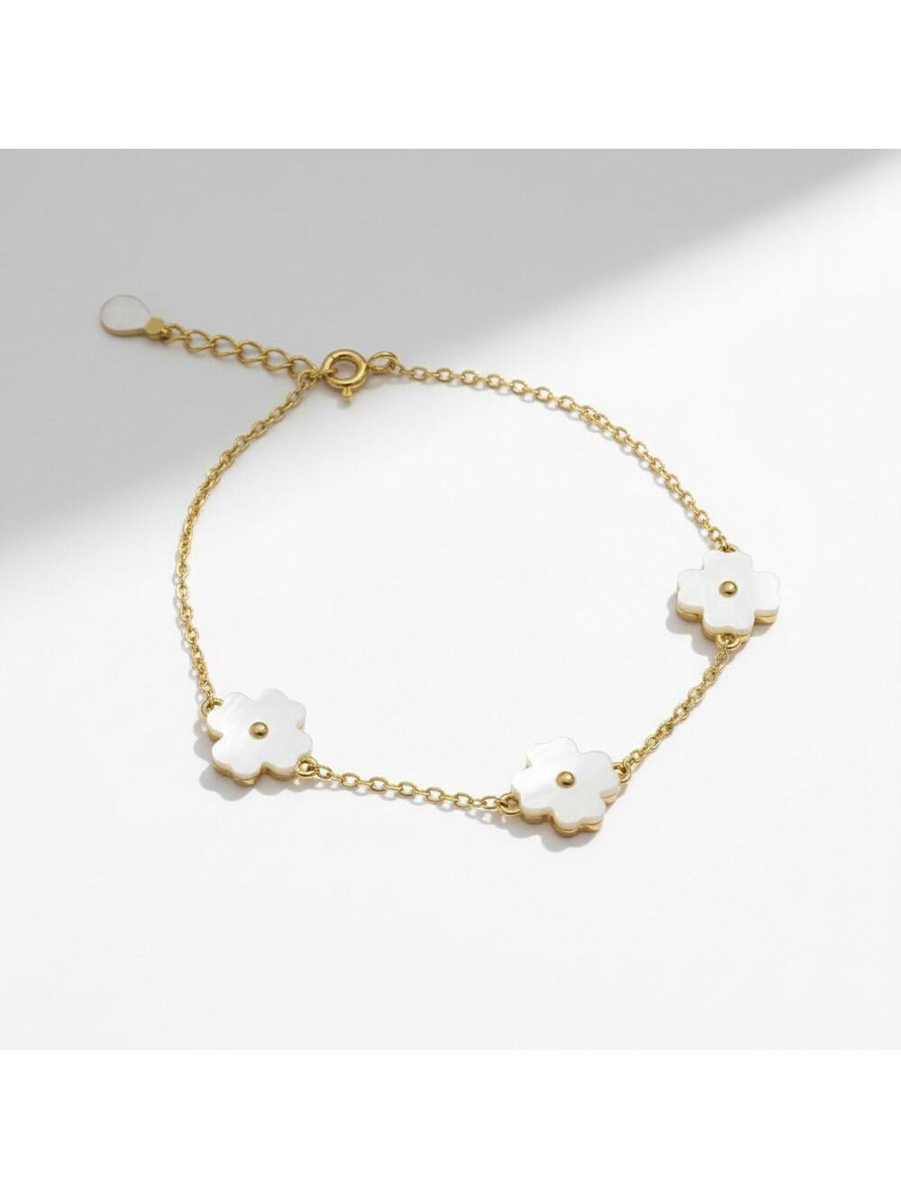 7" Mother of Pearl 3 Clover Bracelet - 18K Gold over .925 Sterling Silver